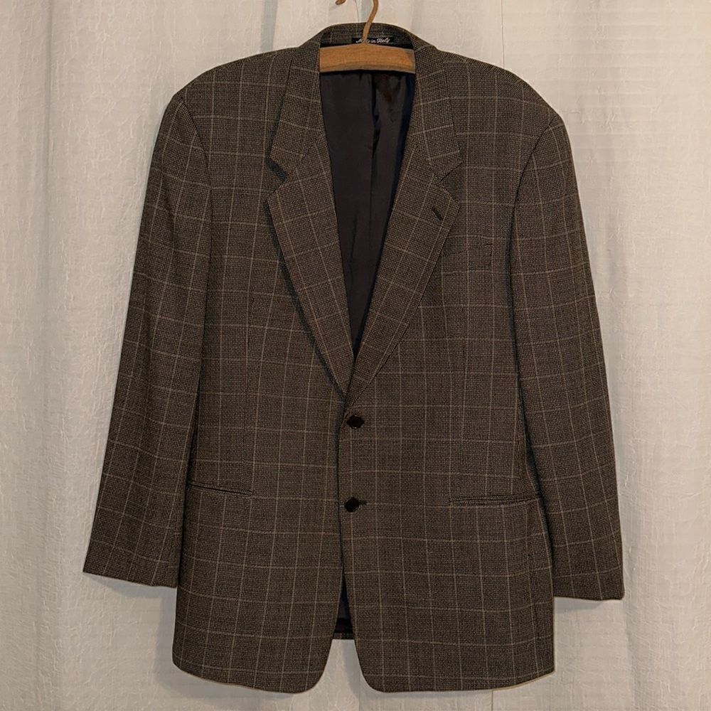 MANI SAKS 44L Brown Plaid Mini Houndstooth Pure Virgin Wool Blazer Jacket